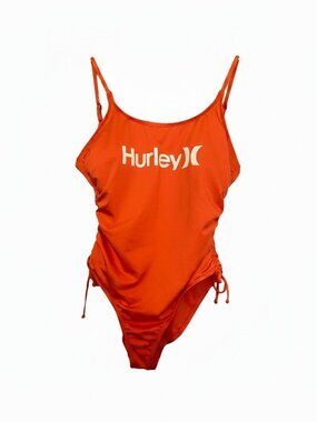 Hurley Orange Ruched One Piece Swimsuit L Y2K Sporty Surf Girl Beach Babe Suit